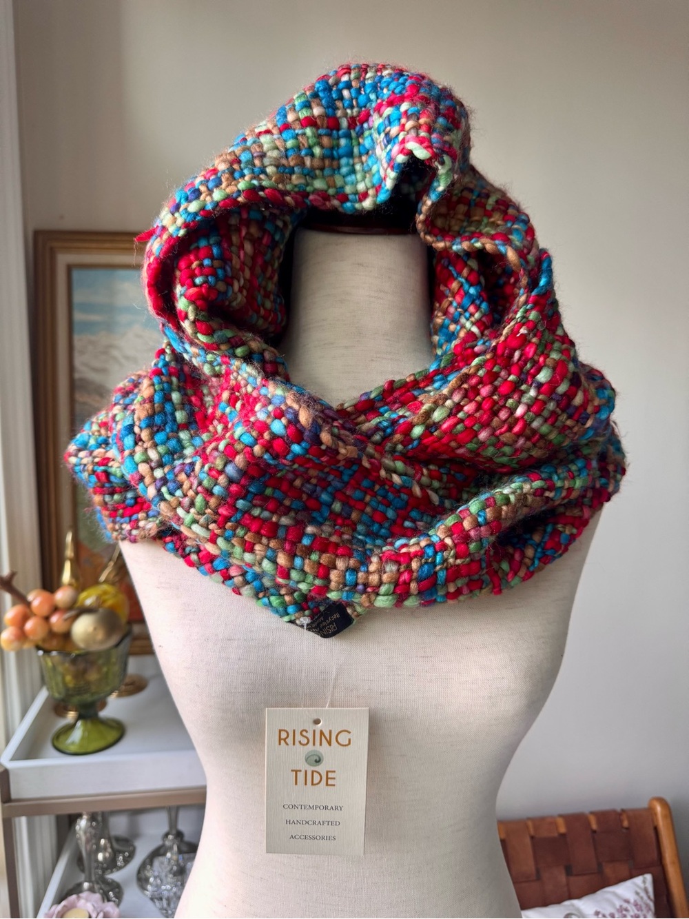 Rising Tide Knit Rainbow Hooded Cowl Scarf Boho Handmade Art-wear Infinity Scarf